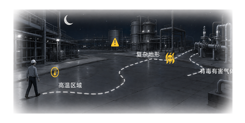 夜间、高温、有害气体和复杂地形，让人工巡检响应不稳定，也持续增加人员暴露风险。